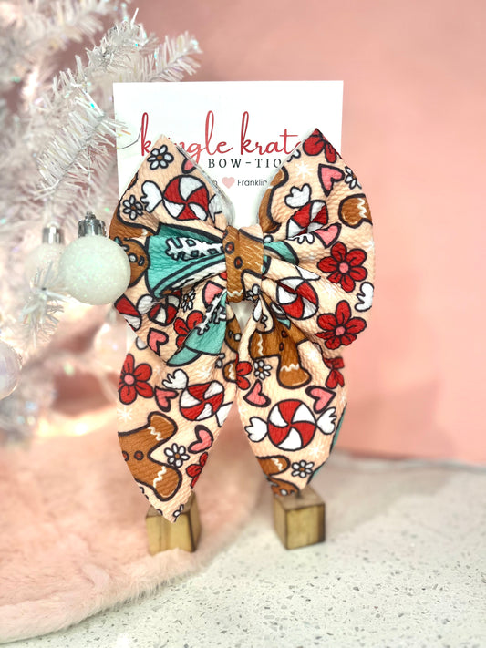 Kringle Krate Christmas Store Teal Gingerbread & Candy Cane Sailor Bow