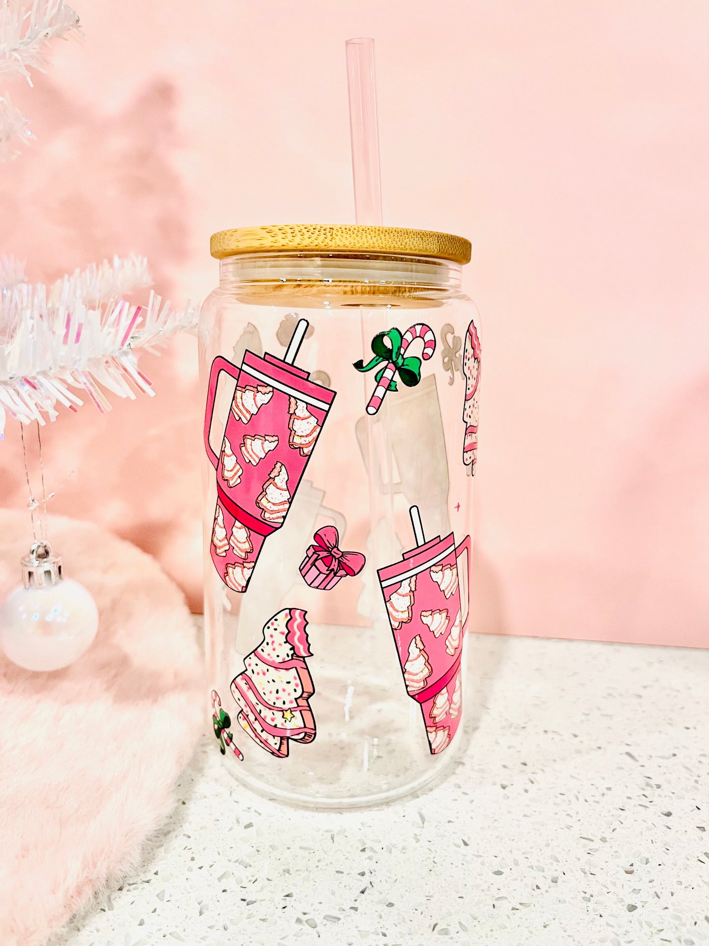 Kringle Krate Christmas Store Pink Stanley & Christmas Tree Cakes Beer Can Glass