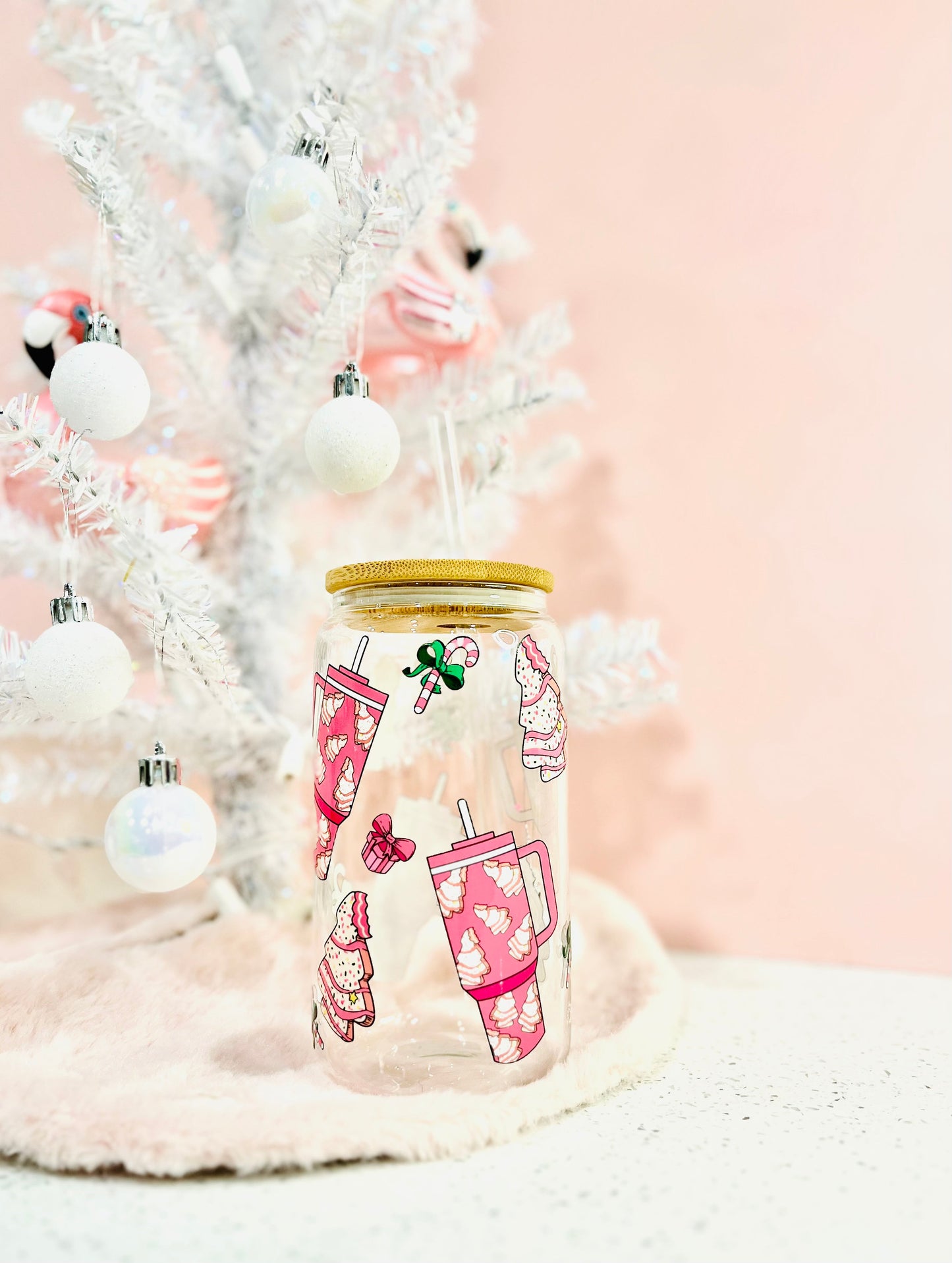 Kringle Krate Christmas Store Pink Stanley & Christmas Tree Cakes Beer Can Glass
