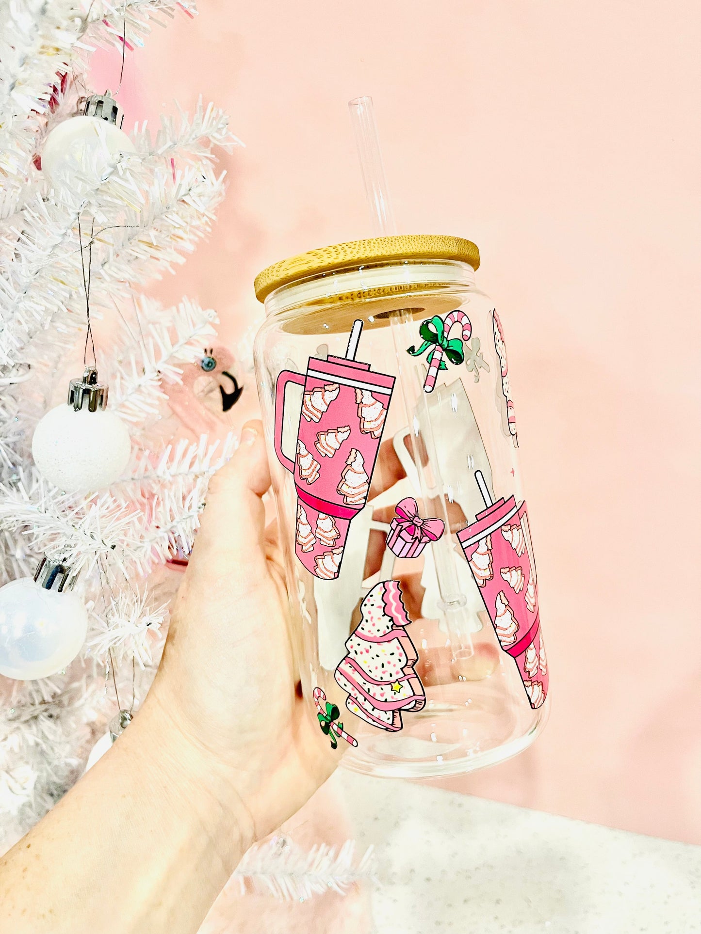 Kringle Krate Christmas Store Pink Stanley & Christmas Tree Cakes Beer Can Glass