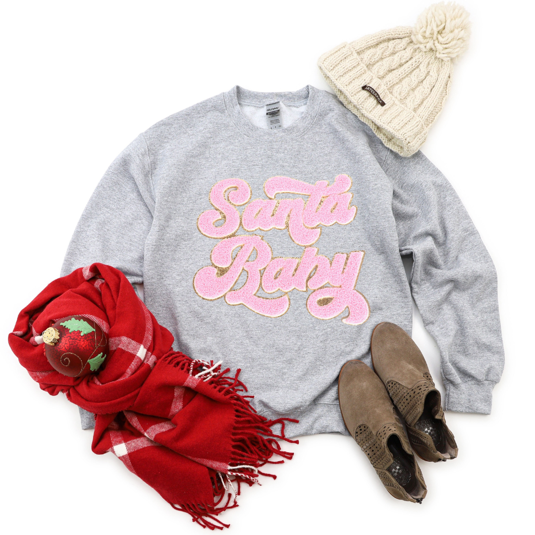 Kringle Krate Christmas Store Pink Santa Baby Chenille Patch Adult Crewneck Sweatshirt