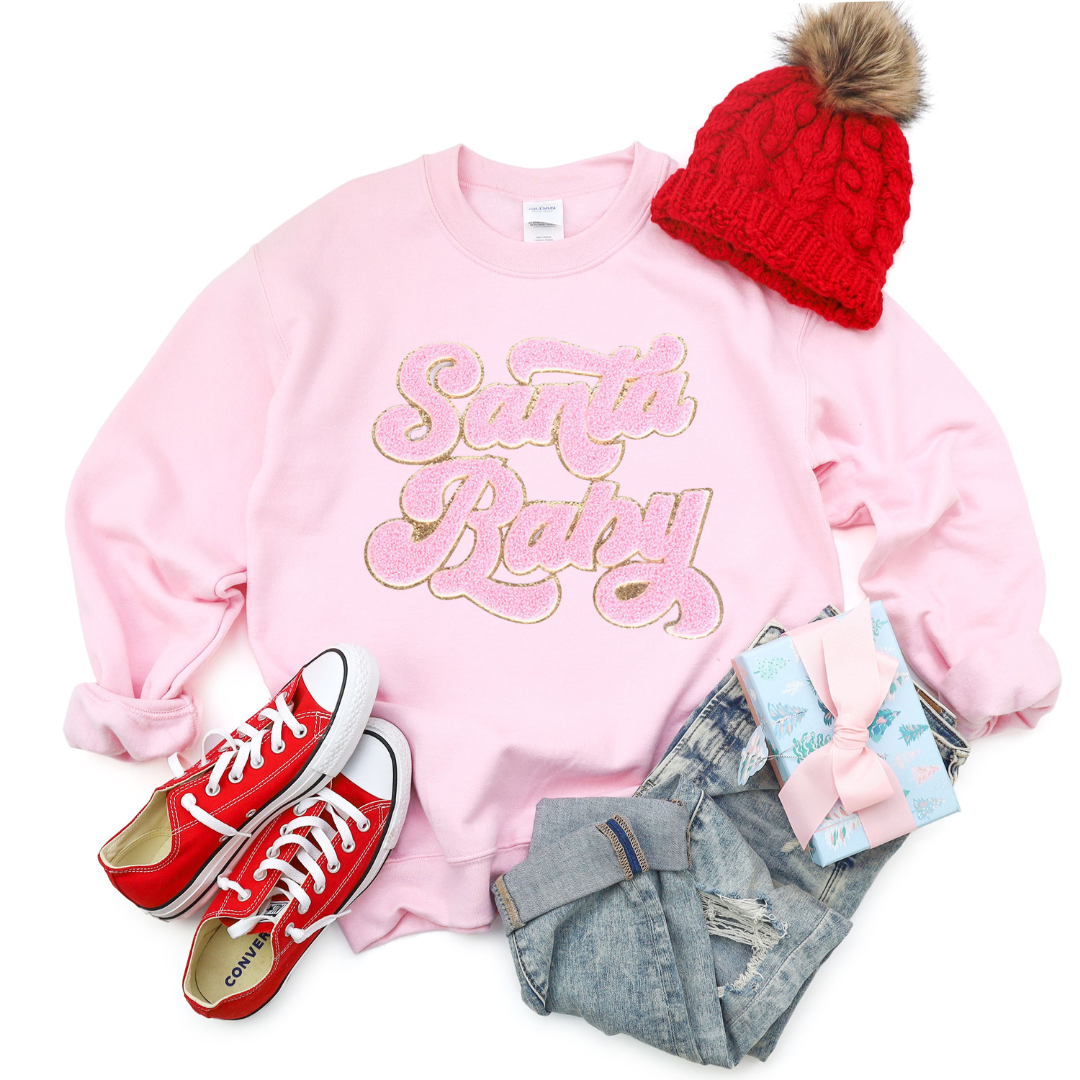 Kringle Krate Christmas Store Pink Santa Baby Chenille Patch Adult Crewneck Sweatshirt