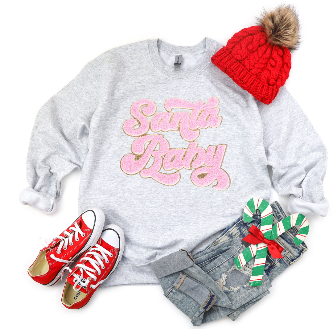 Kringle Krate Christmas Store Pink Santa Baby Chenille Patch Adult Crewneck Sweatshirt
