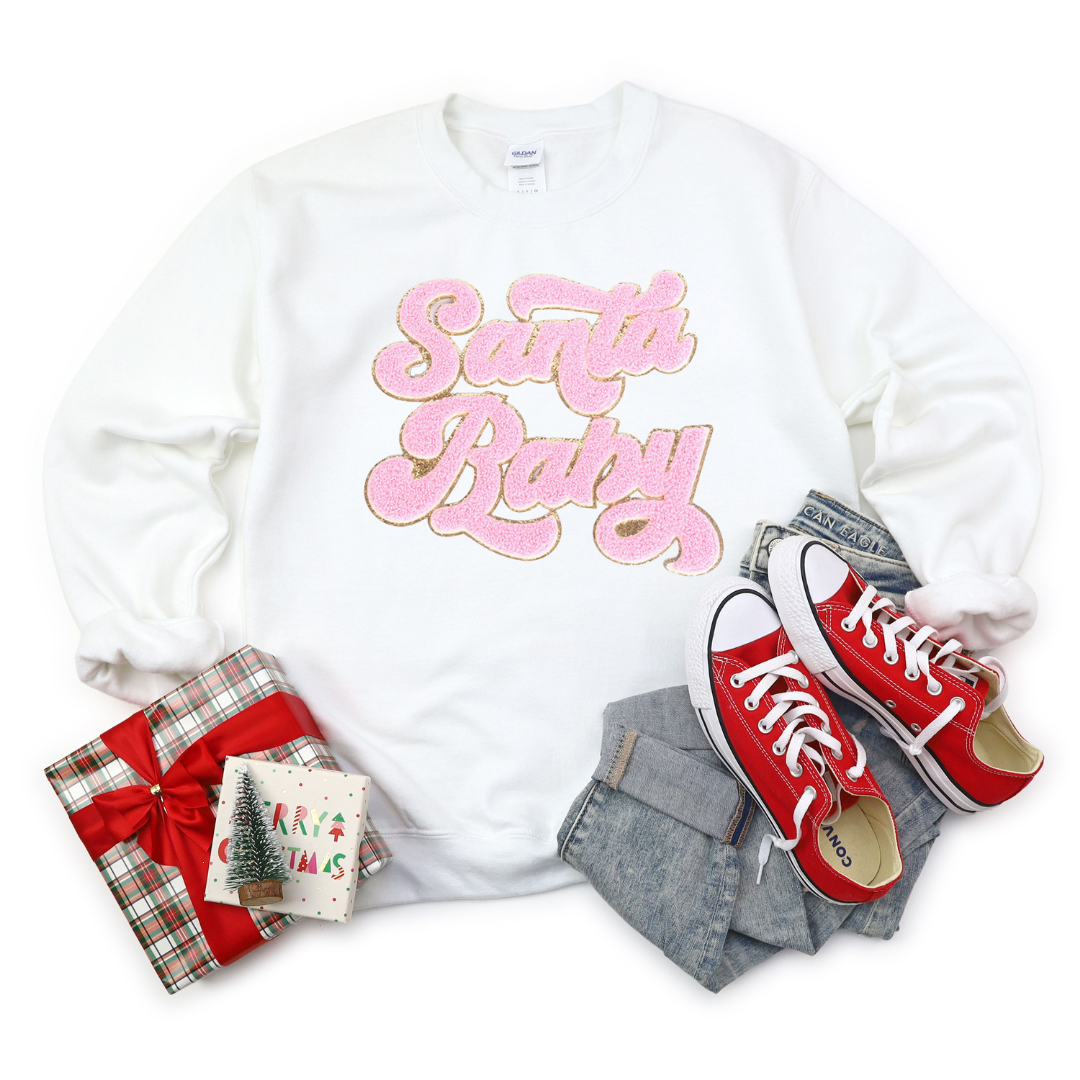 Kringle Krate Christmas Store Pink Santa Baby Chenille Patch Adult Crewneck Sweatshirt