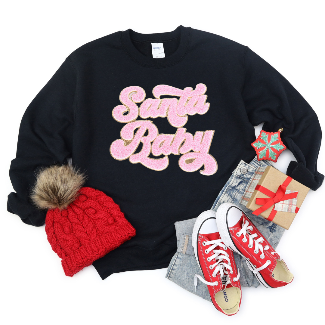 Kringle Krate Christmas Store Pink Santa Baby Chenille Patch Adult Crewneck Sweatshirt