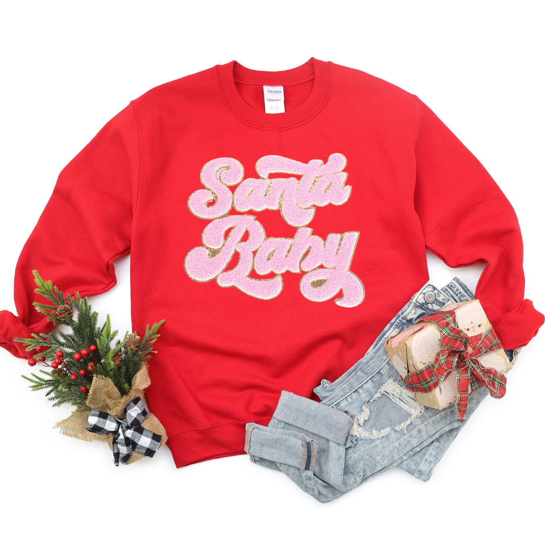 Kringle Krate Christmas Store Pink Santa Baby Chenille Patch Adult Crewneck Sweatshirt