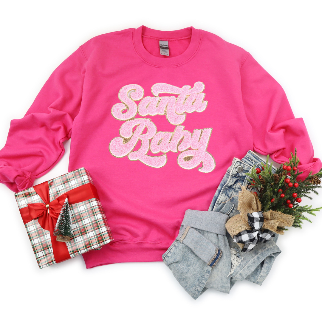 Kringle Krate Christmas Store Pink Santa Baby Chenille Patch Adult Crewneck Sweatshirt