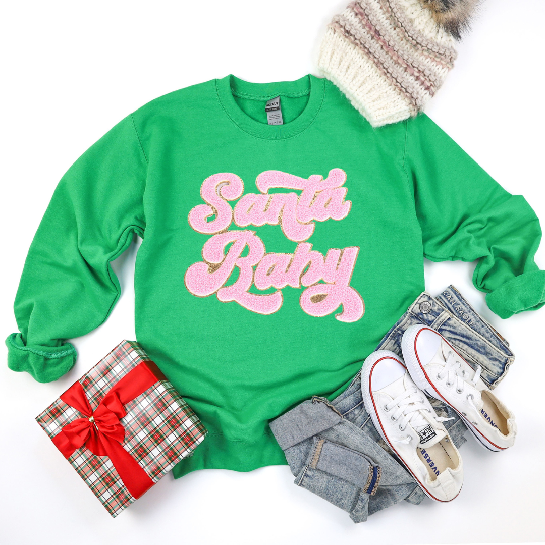 Kringle Krate Christmas Store Pink Santa Baby Chenille Patch Adult Crewneck Sweatshirt