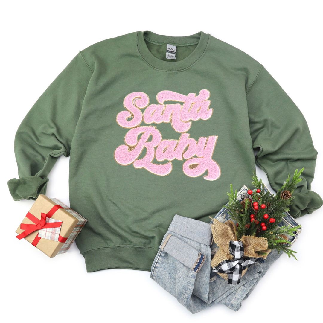 Kringle Krate Christmas Store Pink Santa Baby Chenille Patch Adult Crewneck Sweatshirt