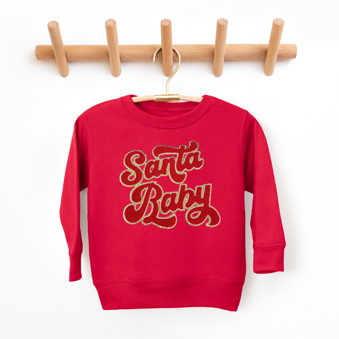 Kringle Krate Christmas Store Copy of Pink Santa Baby Chenille Patch Adult Crewneck Sweatshirt
