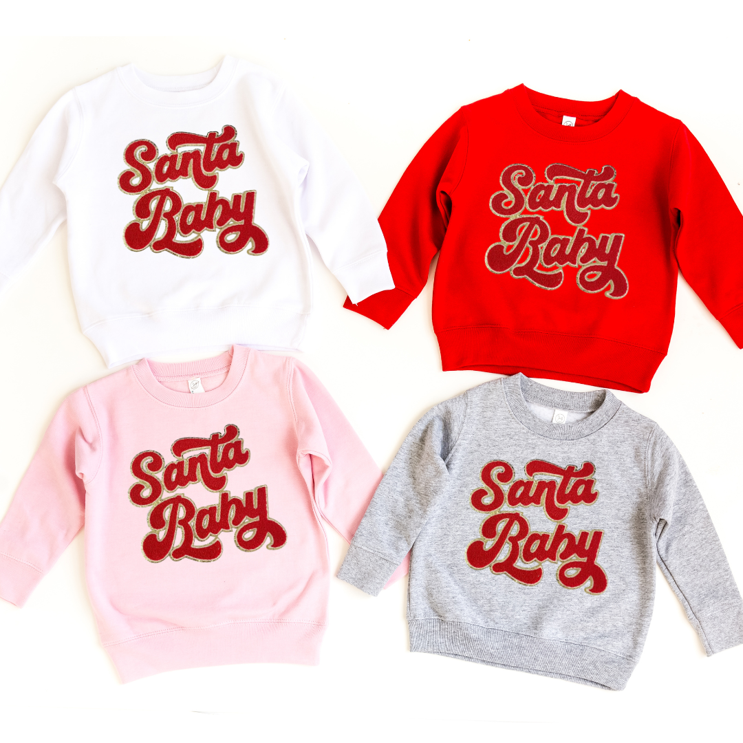 Kringle Krate Christmas Store Copy of Pink Santa Baby Chenille Patch Adult Crewneck Sweatshirt