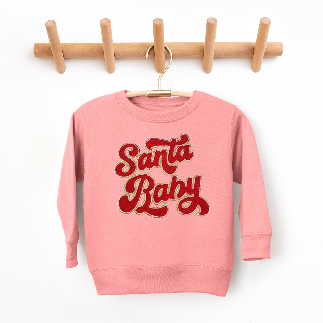 Kringle Krate Christmas Store Copy of Pink Santa Baby Chenille Patch Adult Crewneck Sweatshirt