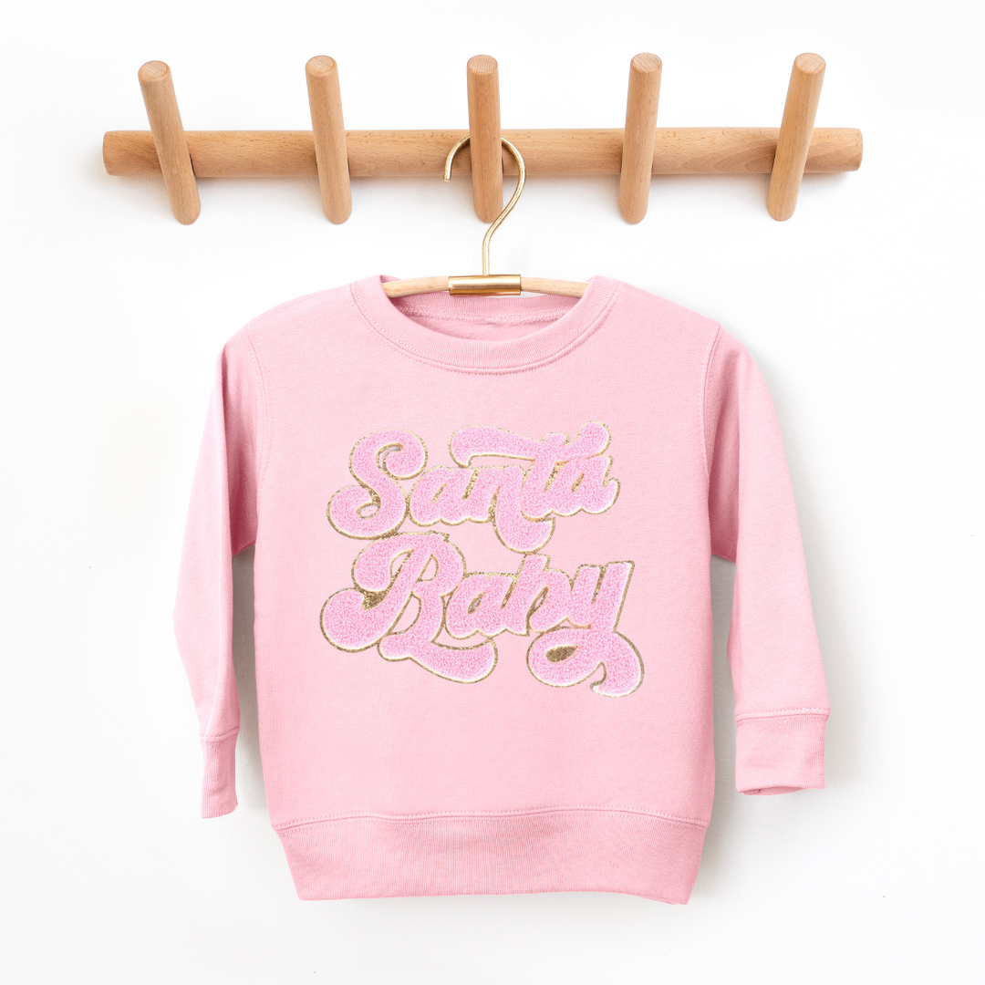 Kringle Krate Christmas Store Pink Santa Baby Chenille Patch Youth Crewneck Sweatshirt