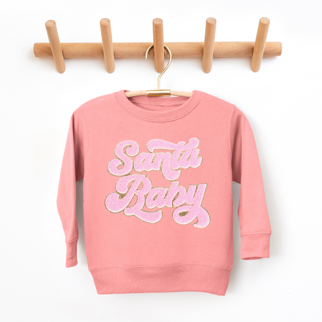 Kringle Krate Christmas Store Pink Santa Baby Chenille Patch Youth Crewneck Sweatshirt