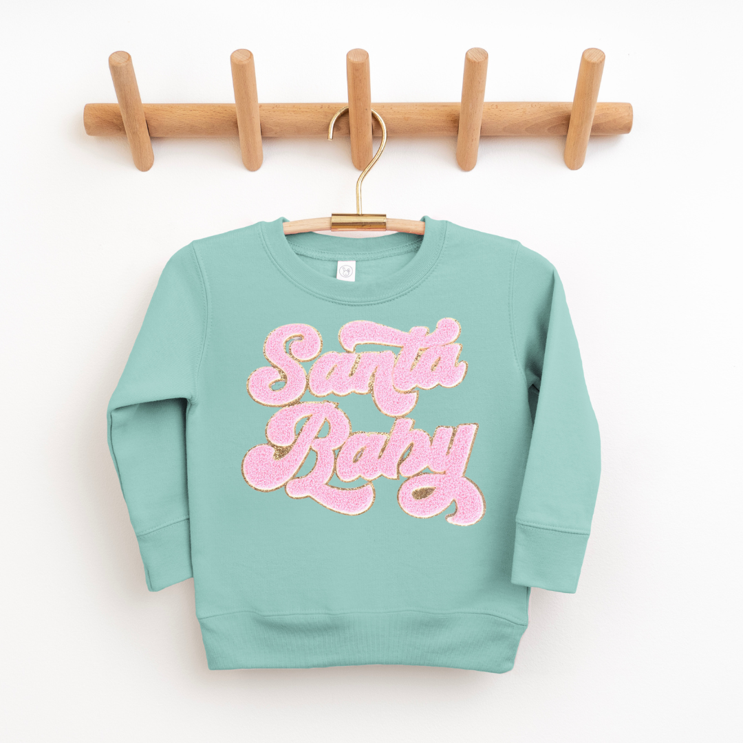 Kringle Krate Christmas Store Pink Santa Baby Chenille Patch Youth Crewneck Sweatshirt
