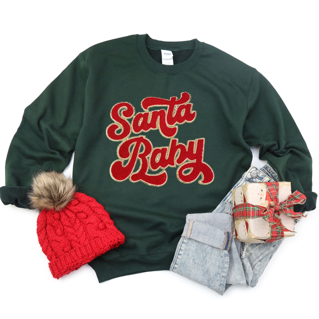 Kringle Krate Christmas Store Red Santa Baby Chenille Patch Adult Crewneck Sweatshirt
