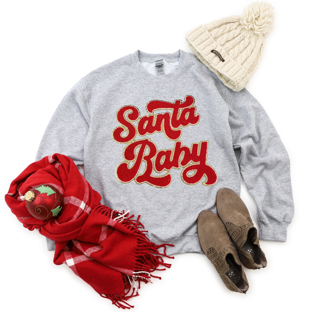 Kringle Krate Christmas Store Red Santa Baby Chenille Patch Adult Crewneck Sweatshirt