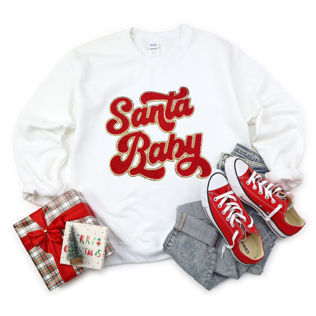 Kringle Krate Christmas Store Red Santa Baby Chenille Patch Adult Crewneck Sweatshirt