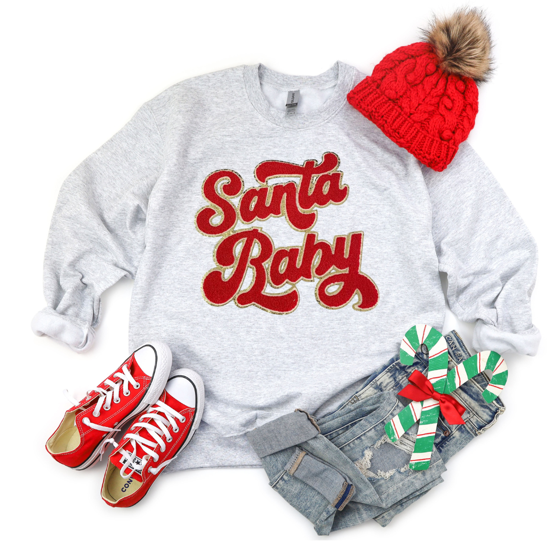 Kringle Krate Christmas Store Red Santa Baby Chenille Patch Adult Crewneck Sweatshirt