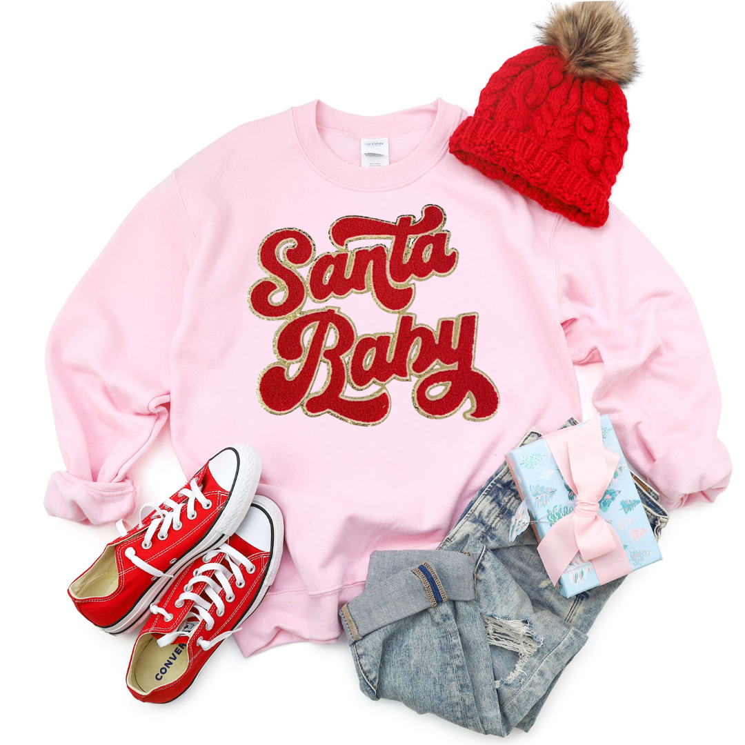 Kringle Krate Christmas Store Red Santa Baby Chenille Patch Adult Crewneck Sweatshirt