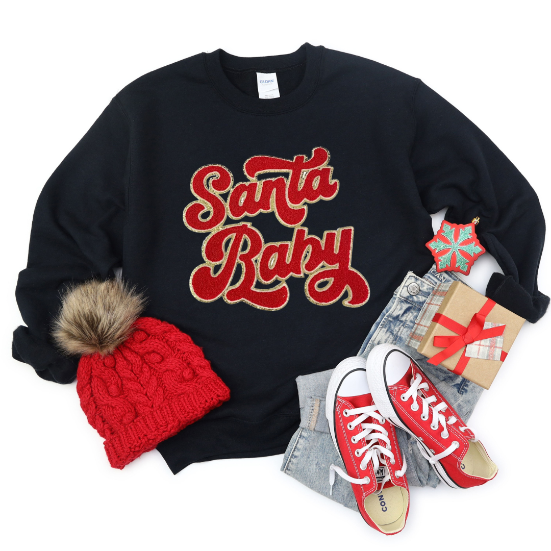 Kringle Krate Christmas Store Red Santa Baby Chenille Patch Adult Crewneck Sweatshirt
