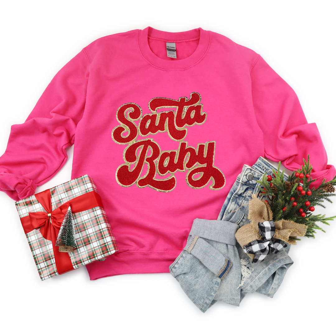 Kringle Krate Christmas Store Red Santa Baby Chenille Patch Adult Crewneck Sweatshirt