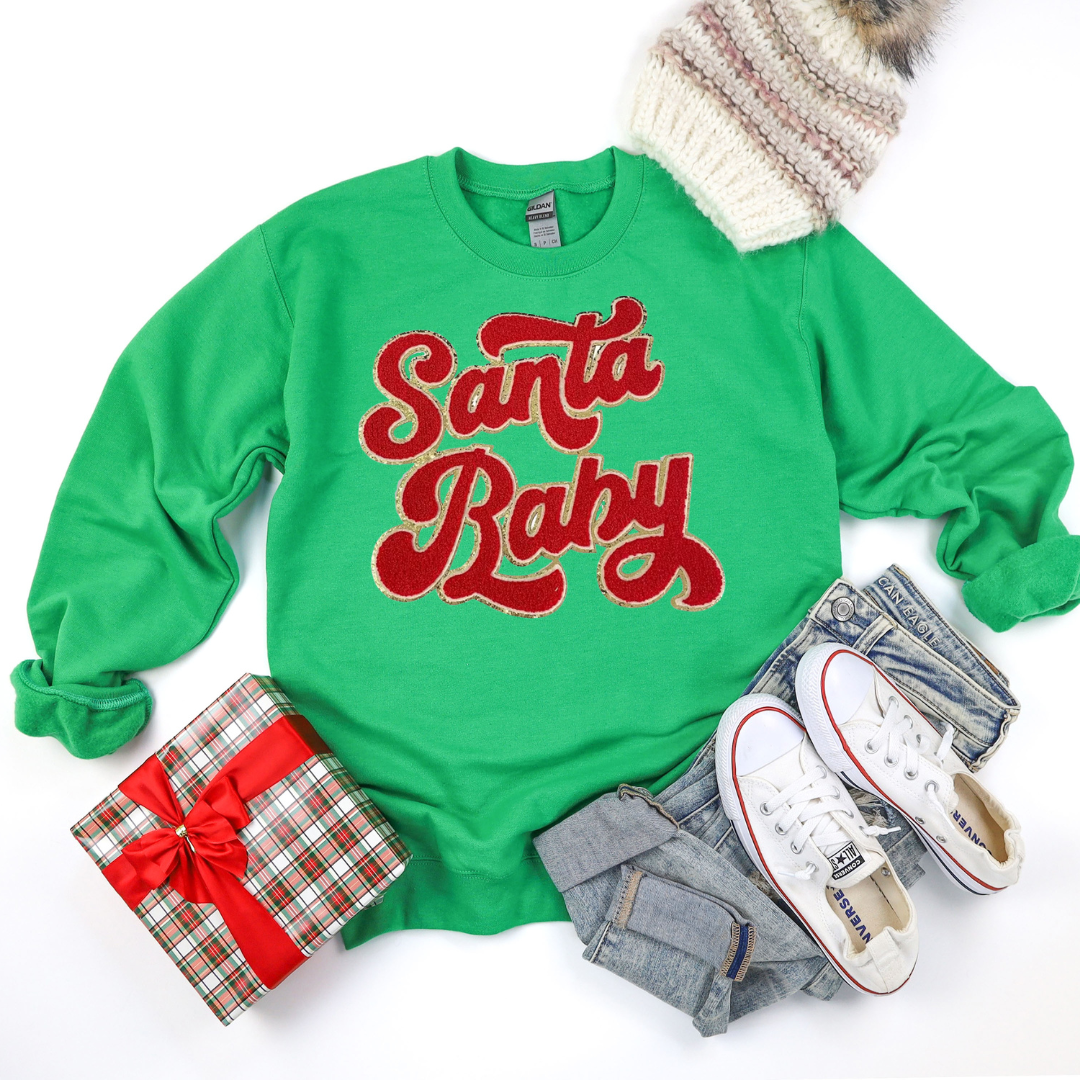 Kringle Krate Christmas Store Red Santa Baby Chenille Patch Adult Crewneck Sweatshirt