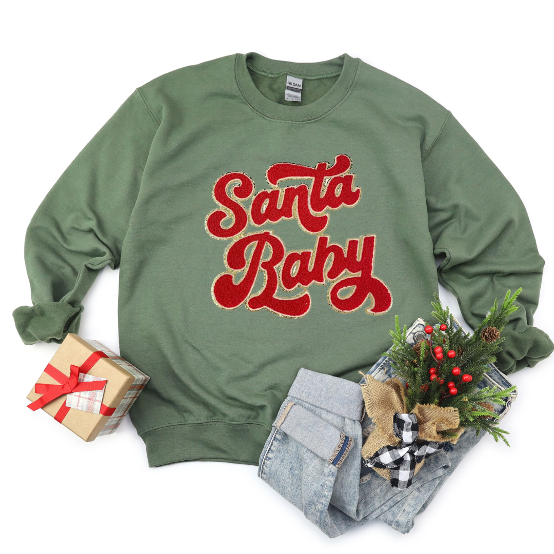 Kringle Krate Christmas Store Red Santa Baby Chenille Patch Adult Crewneck Sweatshirt