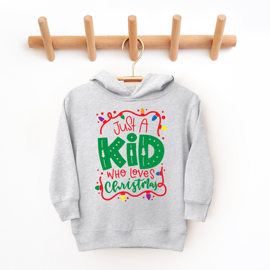 Kringle Krate Christmas Store "Just a Kid Who Loves Christmas" Youth Hooded Sweatshirt