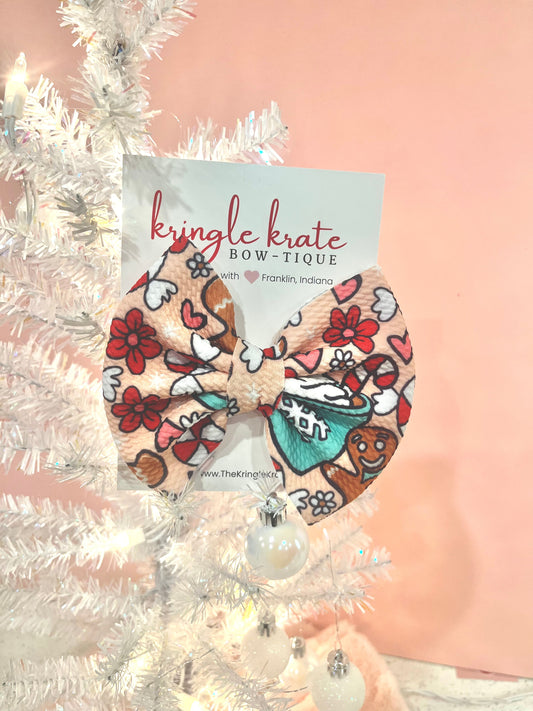 Kringle Krate Christmas Store 5” Teal Gingerbread & Candy Cane Bow