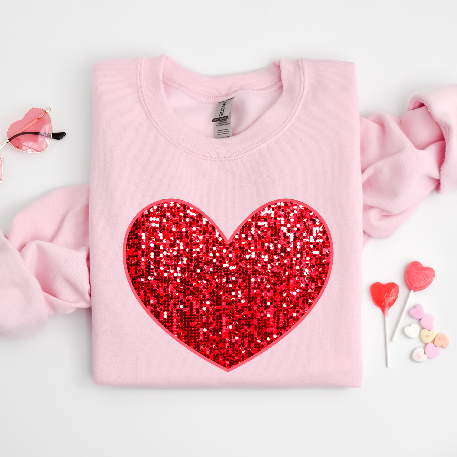 Kringle Krate Christmas Store Faux Sequin Heart Adult Sweatshirt