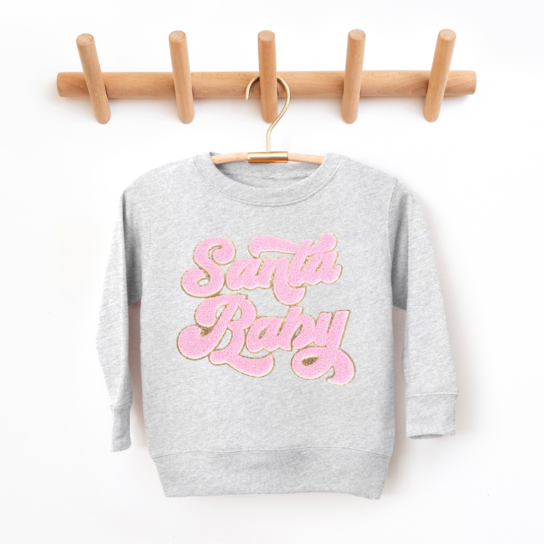 Kringle Krate Christmas Store Pink Santa Baby Chenille Patch Youth Crewneck Sweatshirt