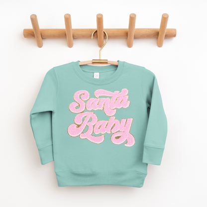Kringle Krate Christmas Store Pink Santa Baby Chenille Patch Youth Crewneck Sweatshirt
